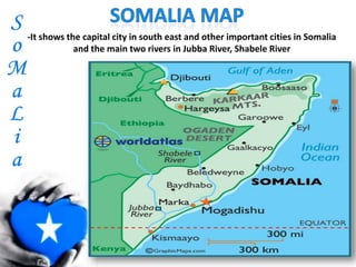 -It shows the capital city in south east and other important cities in Somalia
and the main two rivers in Jubba River, Shabele River
 