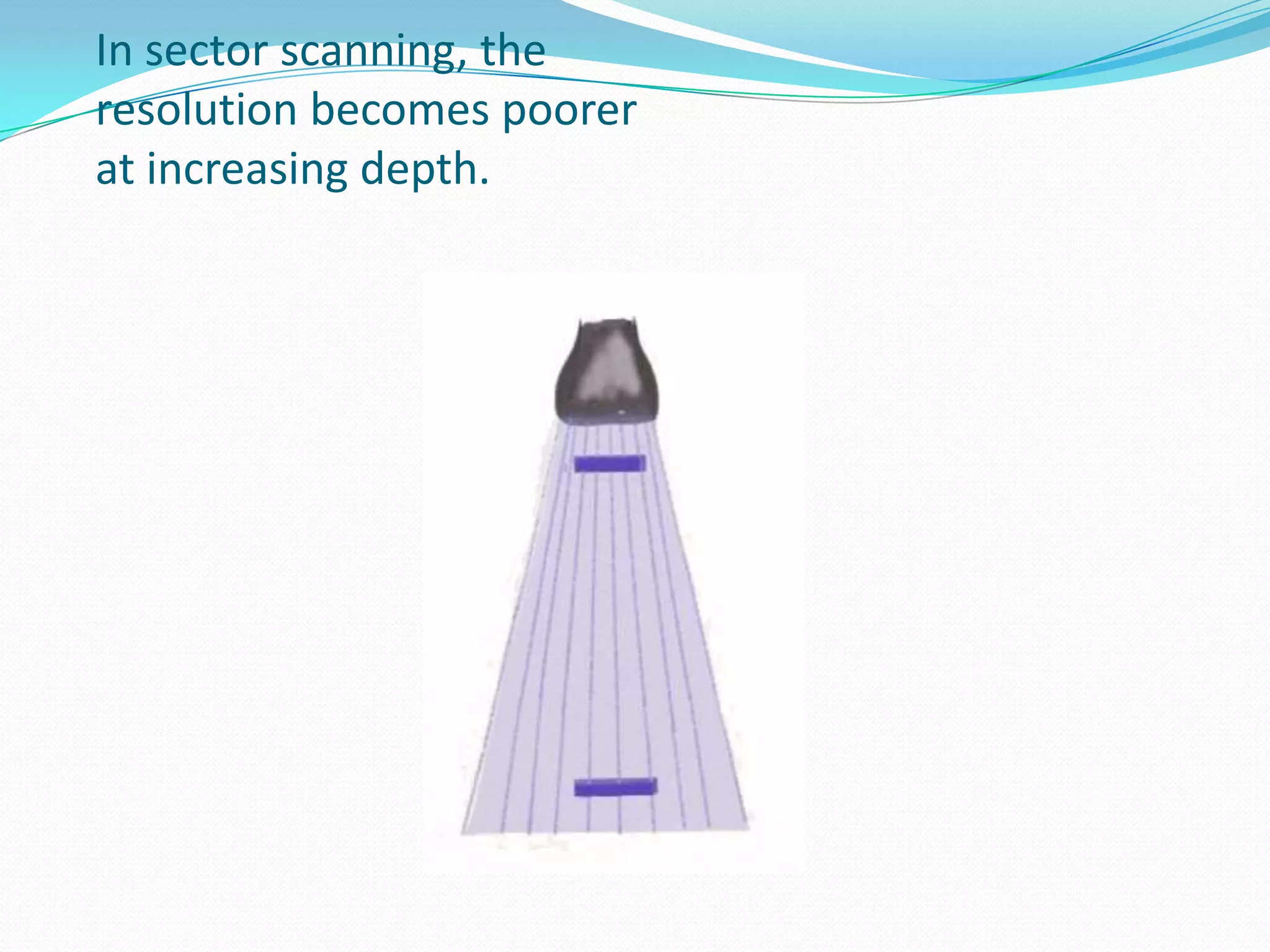 In sector scanning, the
resolution becomes poorer
at increasing depth.
 