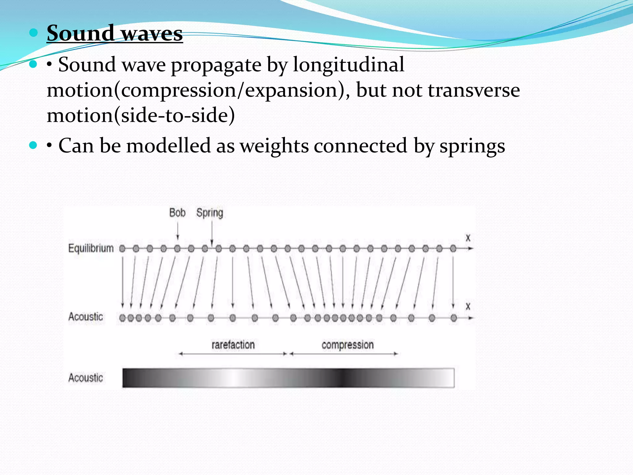  Sound waves
 • Sound wave propagate by longitudinal
  motion(compression/expansion), but not transverse
  motion(side-to-side)
 • Can be modelled as weights connected by springs
 
