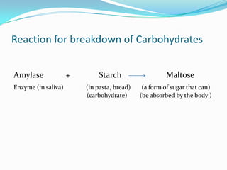 Reaction for breakdown of Carbohydrates


Amylase              +       Starch                   Maltose
Enzyme (in saliva)...
