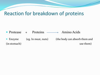 Reaction for breakdown of proteins


 Protease     +    Proteins             Amino Acids

 Enzyme       (eg. In meat, nu...