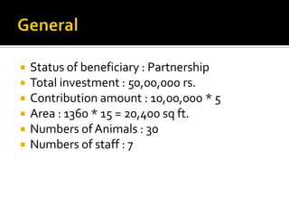    Status of beneficiary : Partnership
   Total investment : 50,00,000 rs.
   Contribution amount : 10,00,000 * 5
   Area : 1360 * 15 = 20,400 sq ft.
   Numbers of Animals : 30
   Numbers of staff : 7
 
