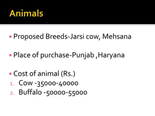 Proposed Breeds-Jarsi cow, Mehsana

 Place of purchase-Punjab ,Haryana


 Cost of animal (Rs.)
1. Cow -35000-40000
2.   Buffalo -50000-55000
 