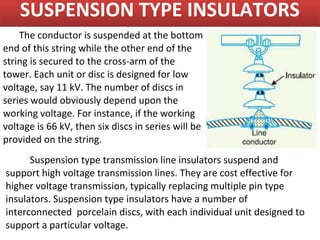 SUSPENSION TYPE INSULATORS
    The conductor is suspended at the bottom
end of this string while the other end of the
string is secured to the cross-arm of the
tower. Each unit or disc is designed for low
voltage, say 11 kV. The number of discs in
series would obviously depend upon the
working voltage. For instance, if the working
voltage is 66 kV, then six discs in series will be
provided on the string.
      Suspension type transmission line insulators suspend and
support high voltage transmission lines. They are cost effective for
higher voltage transmission, typically replacing multiple pin type
insulators. Suspension type insulators have a number of
interconnected porcelain discs, with each individual unit designed to
support a particular voltage.
 