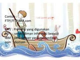 Contoh :
FTP//FTP.IBM.com

FTP/ : Protokol yang digunakan
FTP : server diman informasi berada
IBM : perusahaan yang menyedikan
com : domain
 