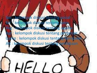 Soc : kelompok diskusi tentang sosial
Sci : kelompok diskusi tentang sains
Reg : kelompok diskusi tentang agama
Agr : kelompok diskusi tentang pertanian
Comp : kelompok diskusi tentang komputer
Alt : kelompok diskusi tentang percobaan
 