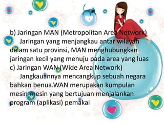 b) Jaringan MAN (Metropolitan Area Network)
    Jaringan yang menjangkau antar wilayah
dalam satu provinsi, MAN menghubungkan
jaringan kecil yang menuju pada area yang luas
c) Jaringan WAN (Wide Area Network)
    Jangkauannya mencangkup sebuah negara
bahkan benua.WAN merupakan kumpulan
mesin-mesin yang bertujuan menjalankan
program (aplikasi) pemakai
 