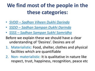 We find most of the people in the
        these categories:
• SVDD – Sadhan Viheen Dukhi Darinda
• SSDD – Sadhan Sampan Du...