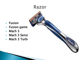    Fusion
   Fusion gamer
   Mach 3
   Mach 3 Sensitive razor
   Mach 3 Turbo Sensitive
 