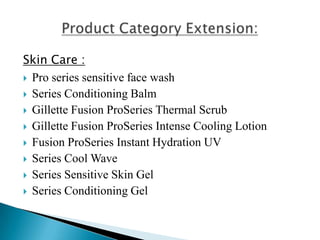 Skin Care :
 Pro series sensitive face wash
 Series Conditioning Balm
 Gillette Fusion ProSeries Thermal Scrub
 Gillette Fusion ProSeries Intense Cooling Lotion
 Fusion ProSeries Instant Hydration UV
 Series Cool Wave
 Series Sensitive Skin Gel
 Series Conditioning Gel
 