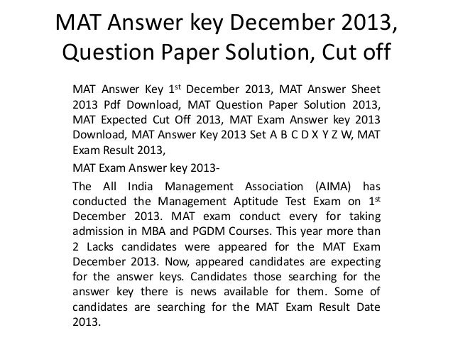 Mat Answer Key December 2013 Question Paper Solution Cut Off