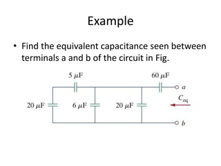 Example
• Find the equivalent capacitance seen between
terminals a and b of the circuit in Fig.

 
