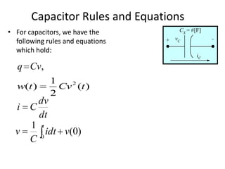 Capacitor Rules and Equations
• For capacitors, we have the
following rules and equations
which hold:

q Cv,
w(t )

1
2
Cv (t )
2

dv
i C
dt
1 t
v
idt v(0)
0
C

CX = #[F]
+ vC

iC

 