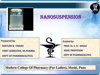 Prepared by

Guided by:

MAYURI B .YADAV

PROF. Dr. S. N. DHOLE

FIRST SEMESTER, M.PHARM,

ASSO. PROFFESOR

DEPT OF PHARMACEUTICS

DEPT OF PHARMACEUTICS

Modern College Of Pharmacy (For Ladies), Moshi, Pune
12/13/2013

2

 