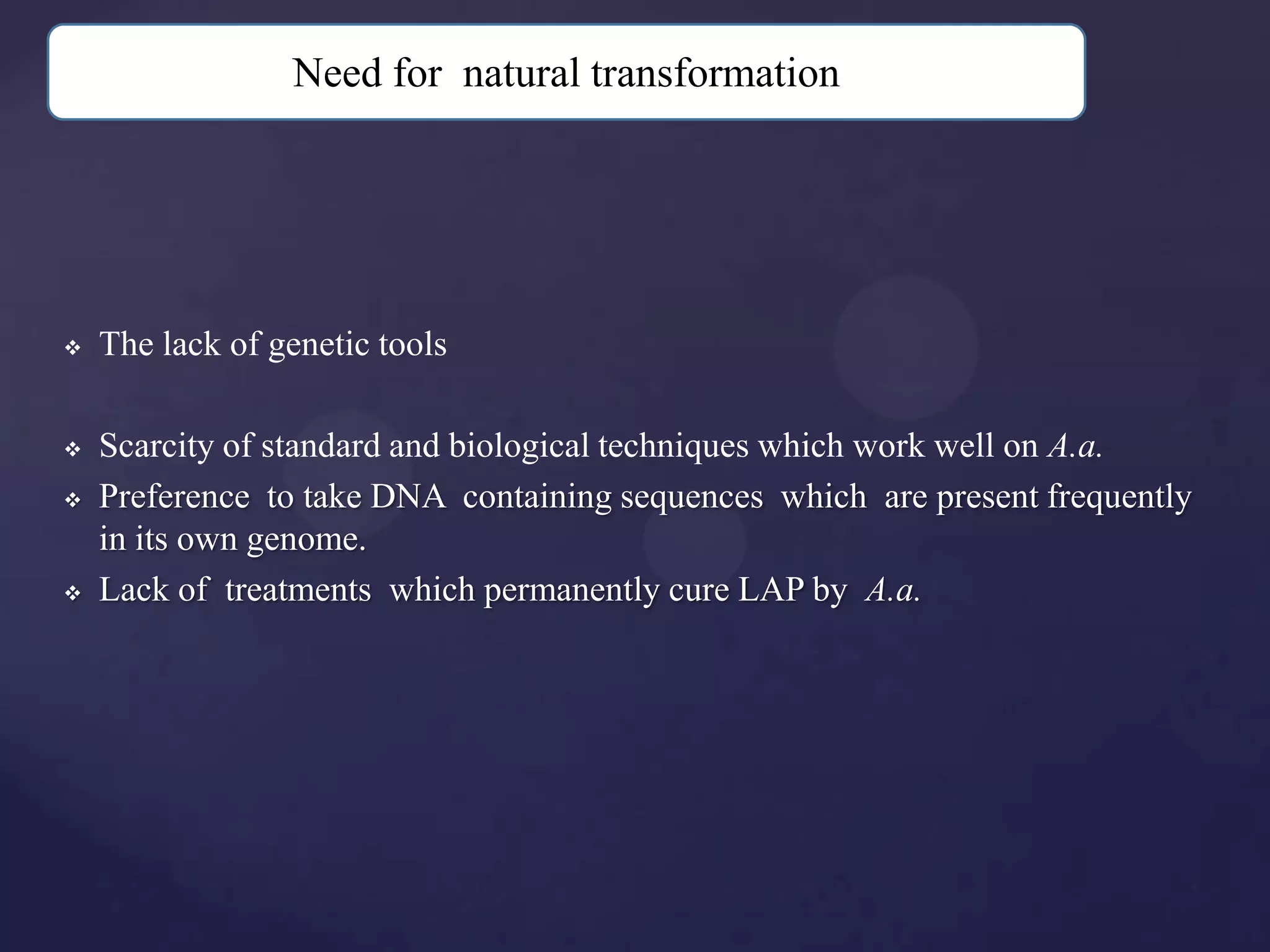 Need for natural transformation




   The lack of genetic tools

   Scarcity of standard and biological techniques which work well on A.a.
   Preference to take DNA containing sequences which are present frequently
    in its own genome.
   Lack of treatments which permanently cure LAP by A.a.
 