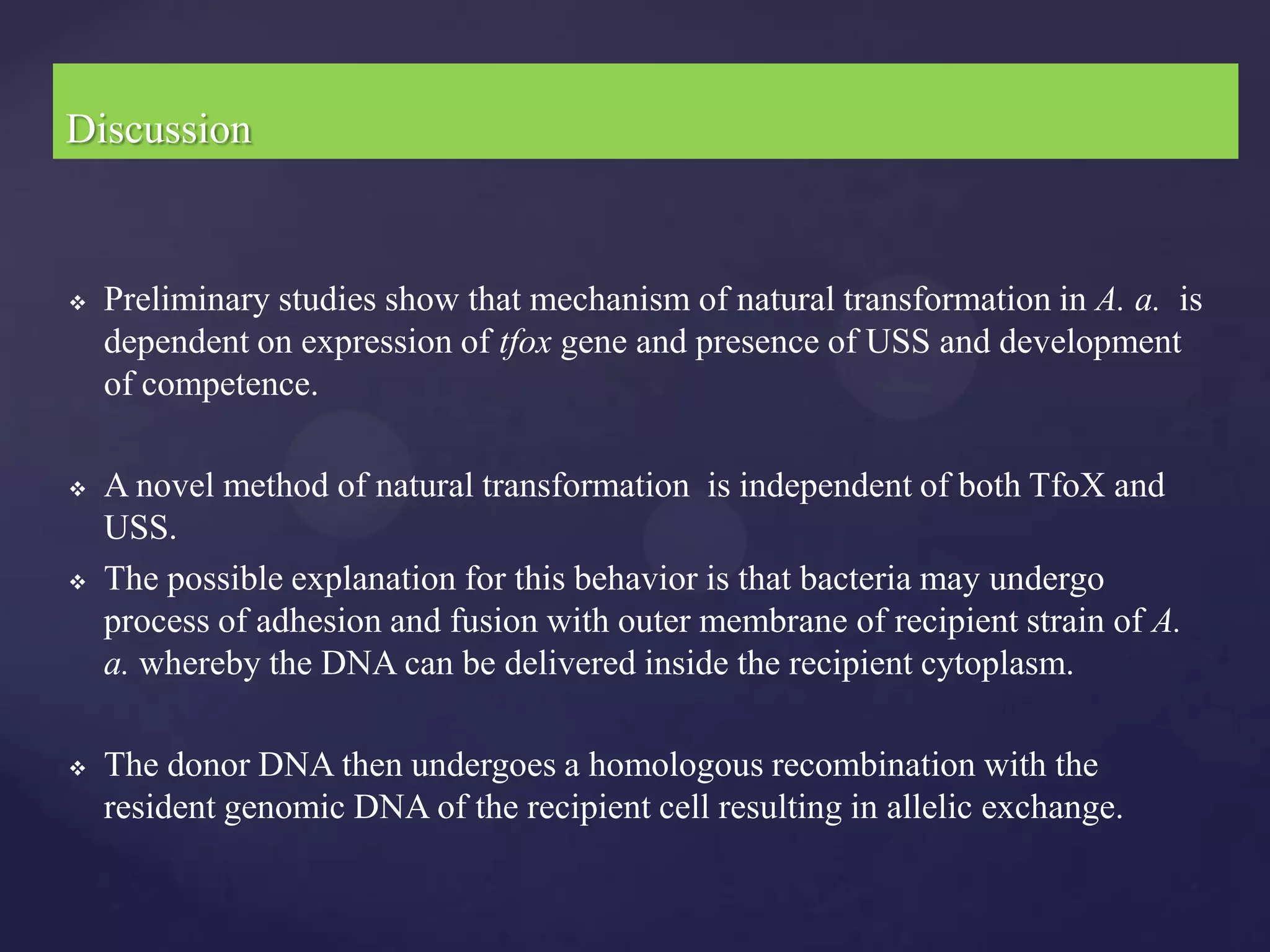 Discussion


   Preliminary studies show that mechanism of natural transformation in A. a. is
    dependent on expression of tfox gene and presence of USS and development
    of competence.

   A novel method of natural transformation is independent of both TfoX and
    USS.
   The possible explanation for this behavior is that bacteria may undergo
    process of adhesion and fusion with outer membrane of recipient strain of A.
    a. whereby the DNA can be delivered inside the recipient cytoplasm.

   The donor DNA then undergoes a homologous recombination with the
    resident genomic DNA of the recipient cell resulting in allelic exchange.
 