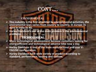 cont….







Environmental
This industry is the first attackted by environmental activities, the
enviromental laws varies from country to country. In europe its
euro in india its RS.
Harley Davidson’s one of the main problem is the environmental
problems.
Technological
More technological advancement because customers looking for
energyefficient and technological advance bike now a day.
Harley Davidson is one of the main manufacturer and user VENGINE configuration.
Harley Davidson have wide variety of product according to
standard, performance, touring and custom.

 