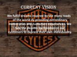 CURRENT VISION
We fulfill dreams inspired by the many roads
of the world dy providing extrordinary
motorcycles and customers expeirences. We
fule the passion for freedom in our
customers to express their own individuality.

 