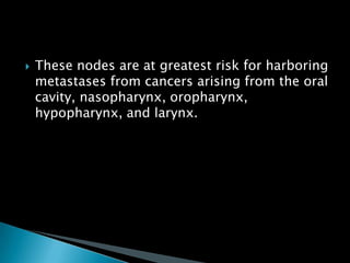  These nodes are at greatest risk for harboring
metastases from cancers arising from the oral
cavity, nasopharynx, oropharynx,
hypopharynx, and larynx.
 