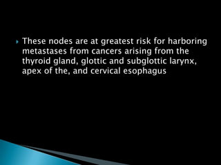  These nodes are at greatest risk for harboring
metastases from cancers arising from the
thyroid gland, glottic and subglottic larynx,
apex of the, and cervical esophagus
 