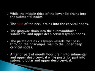 • While the middle third of the lower lip drains into
the submental nodes
• The skin of the neck drains into the cervical nodes.
• The gingivae drain into the submandibular
submental and upper deep cervical lymph nodes.
• The palate drains via lymph vessels that pass
through the pharyngeal wall to the upper deep
cervical nodes.
• Anterior part of mouth floor drain into submental
and upper deep cervical while posterior part into
submandibular and upper deep cervical.
 