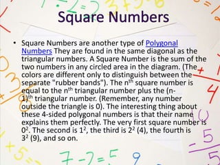 • Square Numbers are another type of Polygonal
Numbers They are found in the same diagonal as the
triangular numbers. A Square Number is the sum of the
two numbers in any circled area in the diagram. (The
colors are different only to distinguish between the
separate "rubber bands"). The nth square number is
equal to the nth triangular number plus the (n-
1)th triangular number. (Remember, any number
outside the triangle is 0). The interesting thing about
these 4-sided polygonal numbers is that their name
explains them perfectly. The very first square number is
02. The second is 12, the third is 22 (4), the fourth is
32 (9), and so on.
 