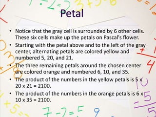 • Notice that the gray cell is surrounded by 6 other cells.
These six cells make up the petals on Pascal's flower.
• Starting with the petal above and to the left of the gray
center, alternating petals are colored yellow and
numbered 5, 20, and 21.
• The three remaining petals around the chosen center
are colored orange and numbered 6, 10, and 35.
• The product of the numbers in the yellow petals is 5 x
20 x 21 = 2100.
• The product of the numbers in the orange petals is 6 x
10 x 35 = 2100.
 
