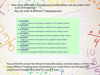 • How many different 7-topping pizza combinations can you order from
a set of 8 toppings?
• You can order 8 different 7-topping pizzas:
You can find this answer by listing the 8 possible pizzas, as shown above, or think: how
many different 7-topping pizza combinations can I make from a set of 8 toppings?
Using Pascal's triangle, find place 7 in row 8: 8 ways.
 