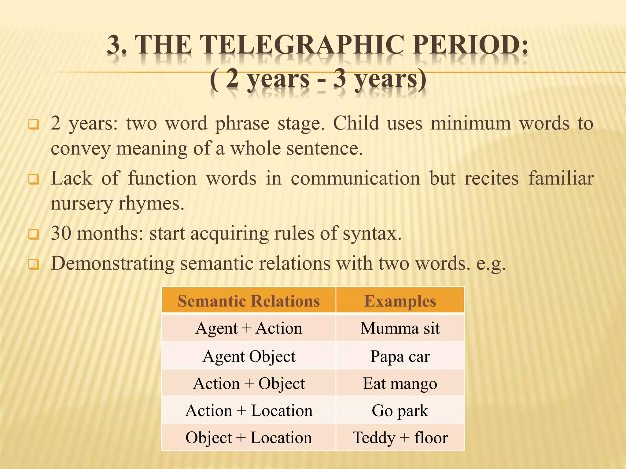 3. THE TELEGRAPHIC PERIOD:
( 2 years - 3 years)
 2 years: two word phrase stage. Child uses minimum words to
convey meaning of a whole sentence.
 Lack of function words in communication but recites familiar
nursery rhymes.
 30 months: start acquiring rules of syntax.
 Demonstrating semantic relations with two words. e.g.
Semantic Relations Examples
Agent + Action Mumma sit
Agent Object Papa car
Action + Object Eat mango
Action + Location Go park
Object + Location Teddy + floor
 