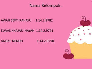 Nama Kelompok : 
AVIAH SEFTI RAHAYU 1.14.2.9782 
ELWAS KHAJAR INAYAH 1.14.2.9791 
ANGKE NENOH 1.14.2.9790 
 