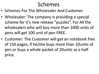 Schemes 
• Schemes For The Wholesaler And Customer. 
• Wholesaler: The company is providing a special 
scheme for it’s new release “puzzles”. For All the 
wholesalers who will buy more than 1000 units of 
pens will get 100 unit of pen FREE. 
• Customer: The Customer will get an notebook free 
of 150 pages, if he/she buys more than 10units of 
pen or buys a whole packet of 20units as a half 
price. 
 