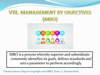 MBO is a process whereby superior and subordinate 
commonly identifies its goals, defines standards and 
sets a parameter to perform accordingly. 
Content Source: http:/www.google.com/MBO_ Peter_F_Drucker.html 
 