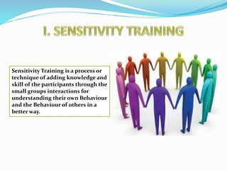 Sensitivity Training is a process or 
technique of adding knowledge and 
skill of the participants through the 
small groups interactions for 
understanding their own Behaviour 
and the Behaviour of others in a 
better way. 
 