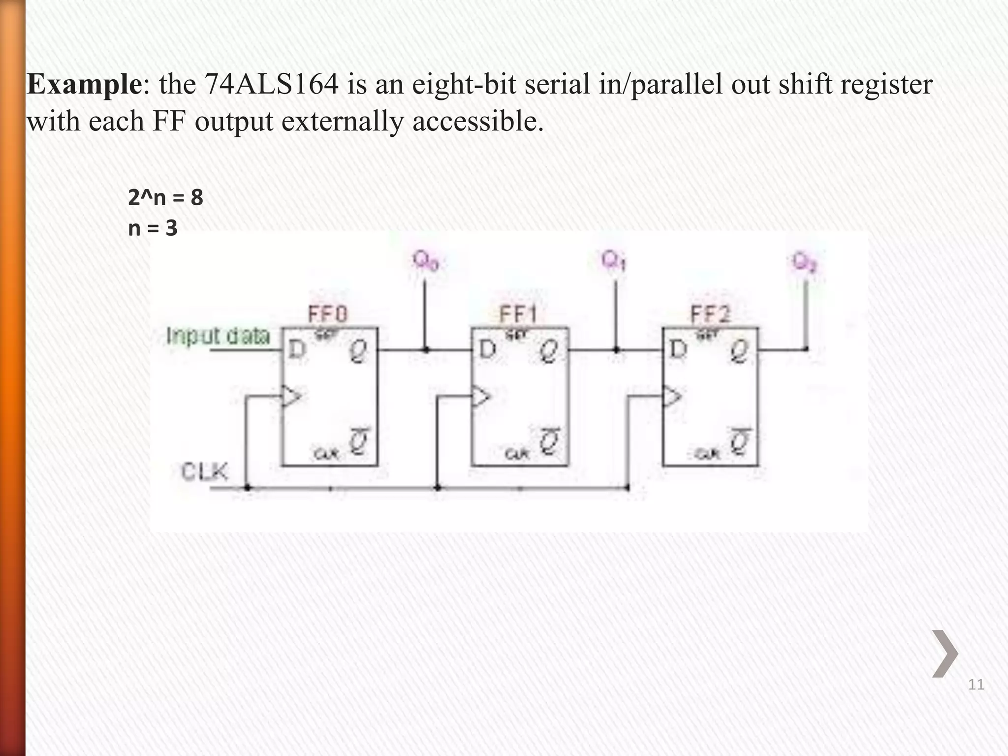 Example: the 74ALS164 is an eight-bit serial in/parallel out shift register
with each FF output externally accessible.
2^n = 8
n = 3
11
 