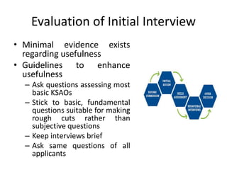 Evaluation of Initial Interview
• Minimal evidence exists
regarding usefulness
• Guidelines to enhance
usefulness
– Ask questions assessing most
basic KSAOs
– Stick to basic, fundamental
questions suitable for making
rough cuts rather than
subjective questions
– Keep interviews brief
– Ask same questions of all
applicants
 