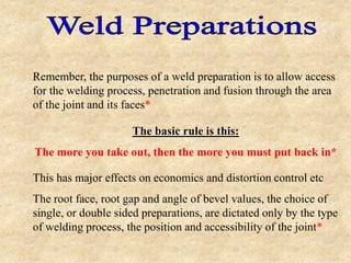 This has major effects on economics and distortion control etc
The root face, root gap and angle of bevel values, the choice of
single, or double sided preparations, are dictated only by the type
of welding process, the position and accessibility of the joint*
The basic rule is this:
The more you take out, then the more you must put back in*
Remember, the purposes of a weld preparation is to allow access
for the welding process, penetration and fusion through the area
of the joint and its faces*
 