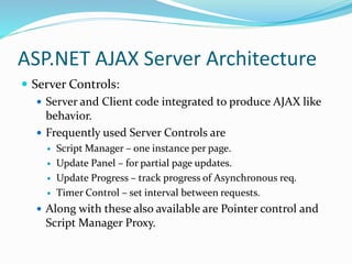 ASP.NET AJAX Server Architecture
 Server Controls:
 Server and Client code integrated to produce AJAX like
behavior.
 Frequently used Server Controls are
 Script Manager – one instance per page.
 Update Panel – for partial page updates.
 Update Progress – track progress of Asynchronous req.
 Timer Control – set interval between requests.
 Along with these also available are Pointer control and
Script Manager Proxy.
 