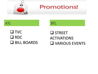 ATL
 TVC
 RDC
 BILL BOARDS
BTL
 STREET
ACTIVATIONS
 VARIOUS EVENTS
 