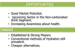 • Good Market Potential.
• Upcoming Sector in the Non-carbonated
drink Segment.
• Increasing Awareness about health.
• Established & Strong Players.
• Conventional methods of Hydration still
prevalent.
• Cheaper alternatives.
THREATS
OPPORTUNITIES
 