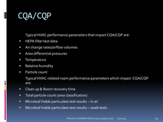 CQA/CQP
Typical HVAC performance parameters that impact CQA/CQP are:
 HEPA filter test data
 Air change rates/airflow volumes
 Area differential pressures
 Temperature
 Relative humidity
 Particle count
Typical HVAC-related room performance parameters which impact CQA/CQP
are:
 Clean up & Room recovery time
 Total particle count (area classification)
 MicrobialViable particulate test results – in air
 MicrobialViable particulate test results – swab tests
5/2/2015 19PALASH CHANDRA DAS (www.uscgmp.com)
 