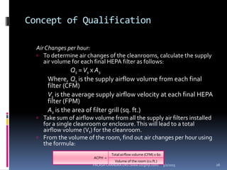Concept of Qualification
Air Changes per hour:
 To determine air changes of the cleanrooms, calculate the supply
air volume for each final HEPA filter as follows:
Qs =Vs x As
Where, Qs is the supply airflow volume from each final
filter (CFM)
Vs is the average supply airflow velocity at each final HEPA
filter (FPM)
As is the area of filter grill (sq. ft.)
 Take sum of airflow volume from all the supply air filters installed
for a single cleanroom or enclosure.This will lead to a total
airflow volume (Vt) for the cleanroom.
 From the volume of the room, find out air changes per hour using
the formula:
ACPH =
Total airflow volume (CFM) x 60
Volume of the room (cu.ft.)
5/2/2015 26PALASH CHANDRA DAS (www.uscgmp.com)
 