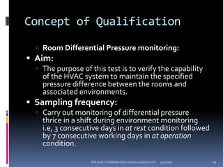 Concept of Qualification
 Room Differential Pressure monitoring:
 Aim:
 The purpose of this test is to verify the capability
of the HVAC system to maintain the specified
pressure difference between the rooms and
associated environments.
 Sampling frequency:
 Carry out monitoring of differential pressure
thrice in a shift during environment monitoring
i.e, 3 consecutive days in at rest condition followed
by 7 consecutive working days in at operation
condition.
5/2/2015 29PALASH CHANDRA DAS (www.uscgmp.com)
 