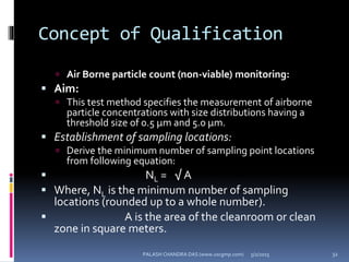 Concept of Qualification
 Air Borne particle count (non-viable) monitoring:
 Aim:
 This test method specifies the measurement of airborne
particle concentrations with size distributions having a
threshold size of 0.5 μm and 5.0 μm.
 Establishment of sampling locations:
 Derive the minimum number of sampling point locations
from following equation:
 NL = √ A
 Where, NL is the minimum number of sampling
locations (rounded up to a whole number).
 A is the area of the cleanroom or clean
zone in square meters.
5/2/2015 32PALASH CHANDRA DAS (www.uscgmp.com)
 