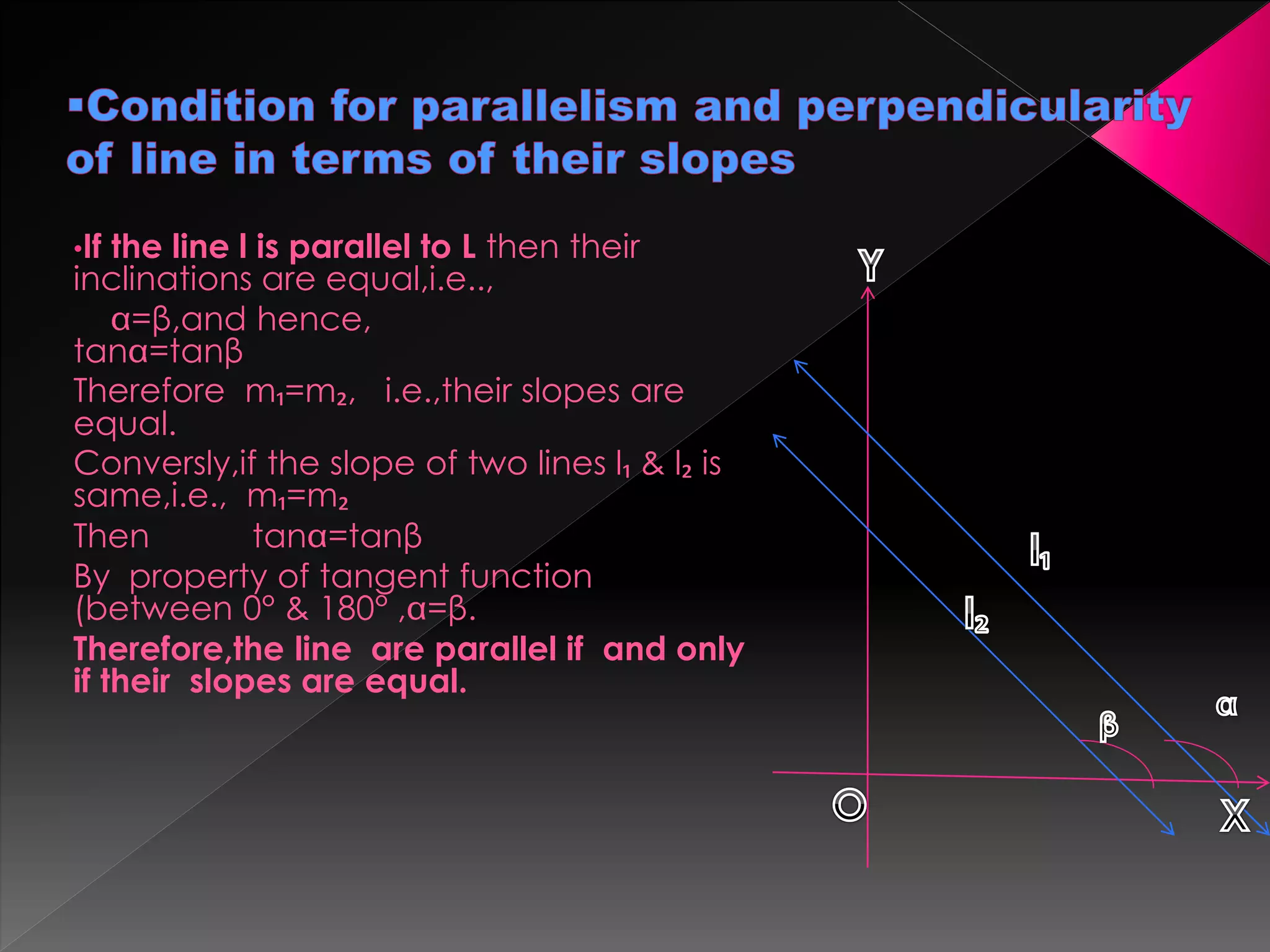 •If the line l is parallel to L then their
inclinations are equal,i.e..,
=β,and hence,
tan =tanβ
Therefore m₁=m₂, i.e.,their slopes are
equal.
Conversly,if the slope of two lines l₁ & l₂ is
same,i.e., m₁=m₂
Then tan =tanβ
By property of tangent function
(between 0° & 180° , =β.
Therefore,the line are parallel if and only
if their slopes are equal.
 