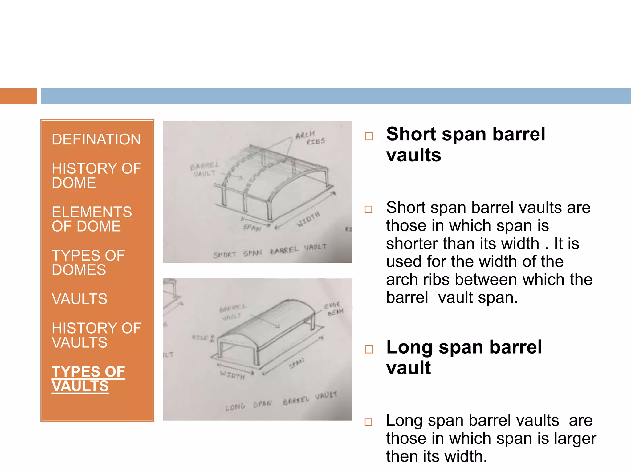 DEFINATION
HISTORY OF
DOME
ELEMENTS
OF DOME
TYPES OF
DOMES
VAULTS
HISTORY OF
VAULTS
TYPES OF
VAULTS
 Short span barrel
vaults
 Short span barrel vaults are
those in which span is
shorter than its width . It is
used for the width of the
arch ribs between which the
barrel vault span.
 Long span barrel
vault
 Long span barrel vaults are
those in which span is larger
then its width.
 