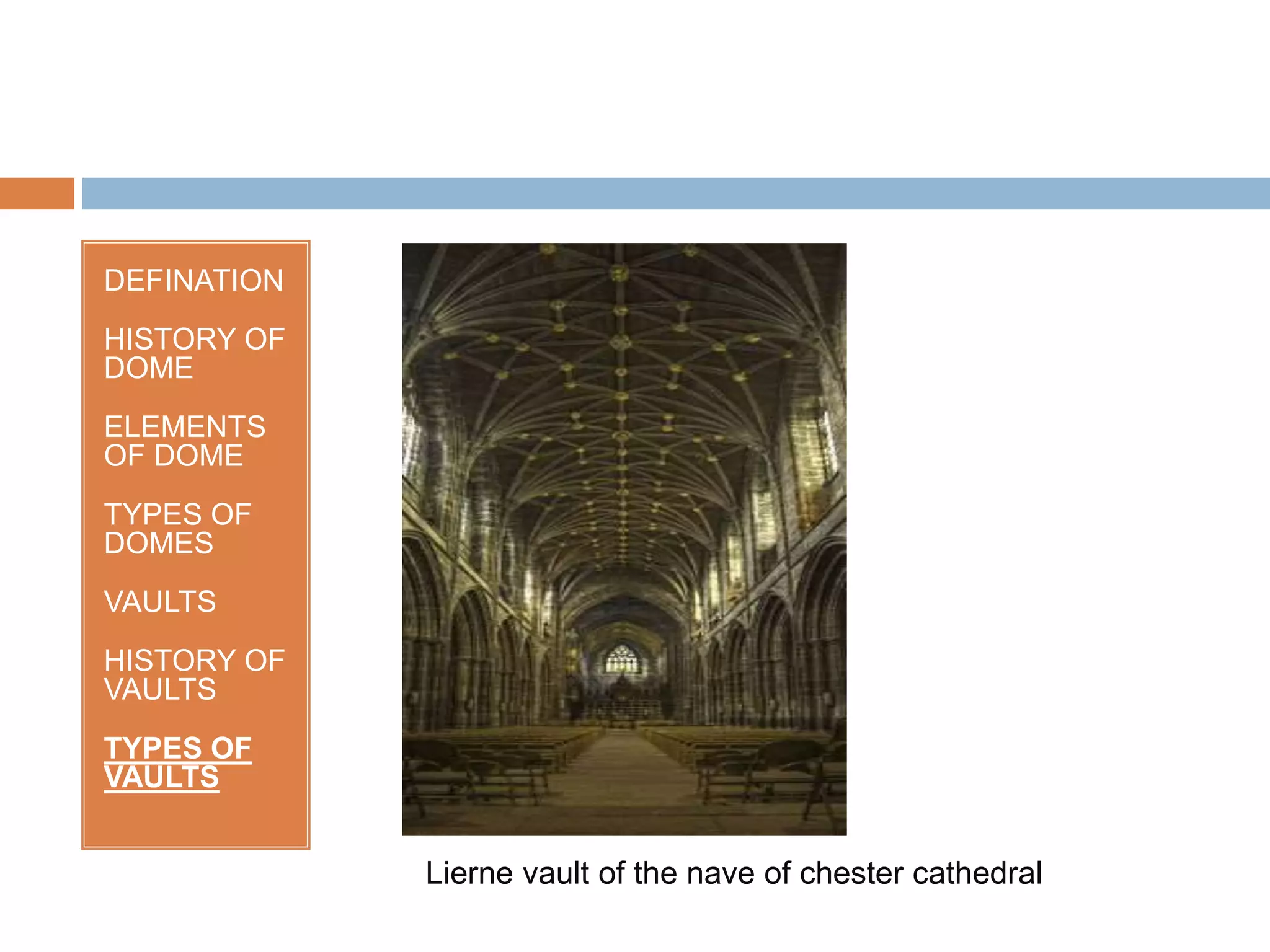 DEFINATION
HISTORY OF
DOME
ELEMENTS
OF DOME
TYPES OF
DOMES
VAULTS
HISTORY OF
VAULTS
TYPES OF
VAULTS
Lierne vault of the nave of chester cathedral
 
