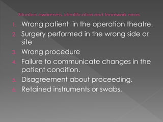 1. Wrong patient in the operation theatre.
2. Surgery performed in the wrong side or
site
3. Wrong procedure
4. Failure to communicate changes in the
patient condition.
5. Disagreement about proceeding.
6. Retained instruments or swabs.
 
