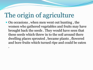 The origin of agriculture
 On occasions , when men went out hunting , the
women who gathered vegetables and fruits may have
brought back the seeds . They would have seen that
these seeds which threw in to the soil around there
dwelling places sprouted , became plants , flowered
and bore fruits which turned ripe and could be eaten
.
 
