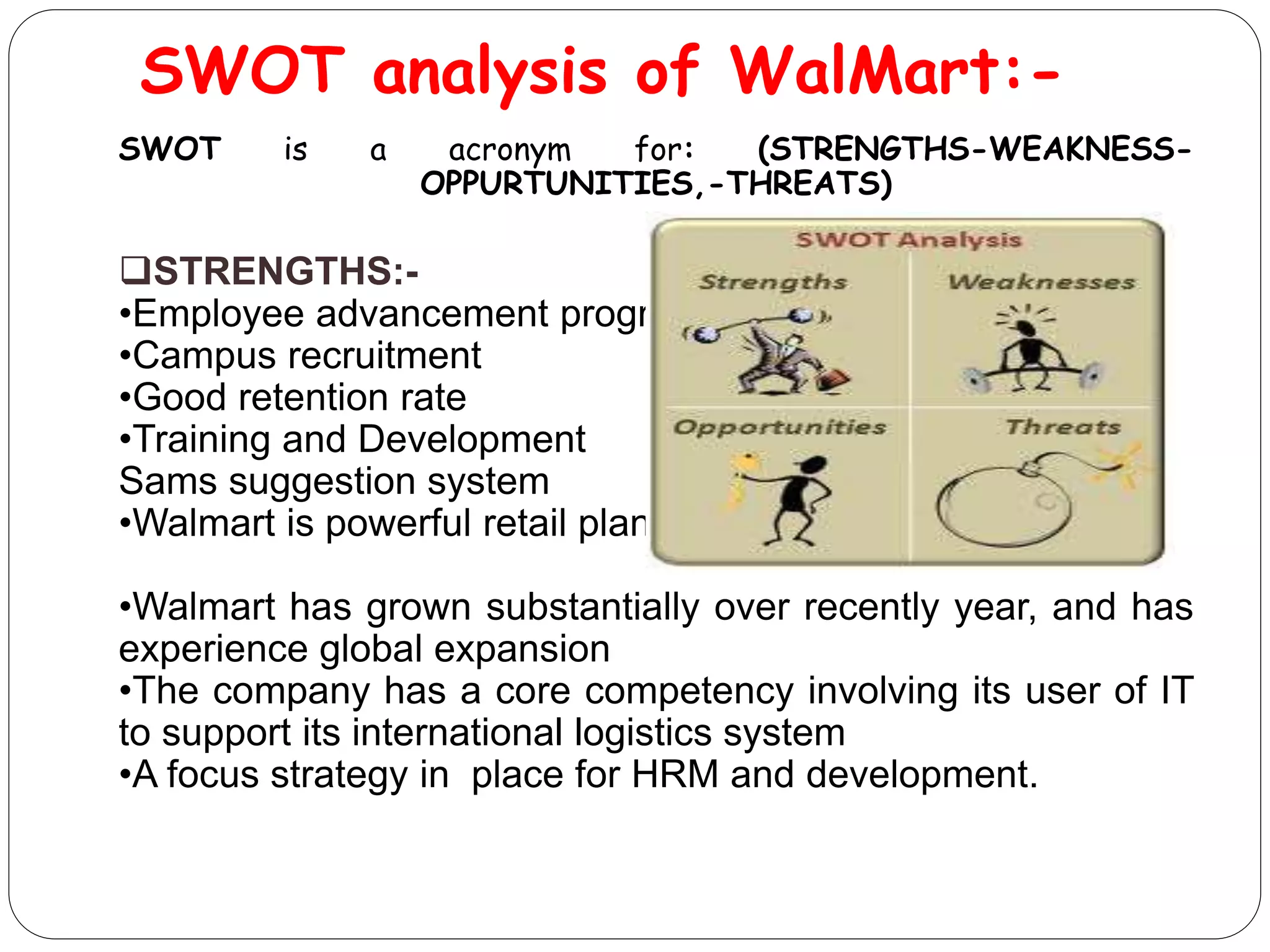 SWOT analysis of WalMart:-
SWOT is a acronym for: (STRENGTHS-WEAKNESS-
OPPURTUNITIES,-THREATS)
STRENGTHS:-
•Employee advancement programs
•Campus recruitment
•Good retention rate
•Training and Development
Sams suggestion system
•Walmart is powerful retail plant
•Walmart has grown substantially over recently year, and has
experience global expansion
•The company has a core competency involving its user of IT
to support its international logistics system
•A focus strategy in place for HRM and development.
 