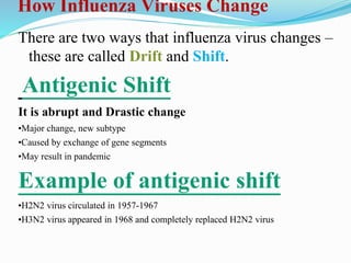 How Influenza Viruses Change
There are two ways that influenza virus changes –
these are called Drift and Shift.
Antigenic Shift
It is abrupt and Drastic change
•Major change, new subtype
•Caused by exchange of gene segments
•May result in pandemic
Example of antigenic shift
•H2N2 virus circulated in 1957-1967
•H3N2 virus appeared in 1968 and completely replaced H2N2 virus
 